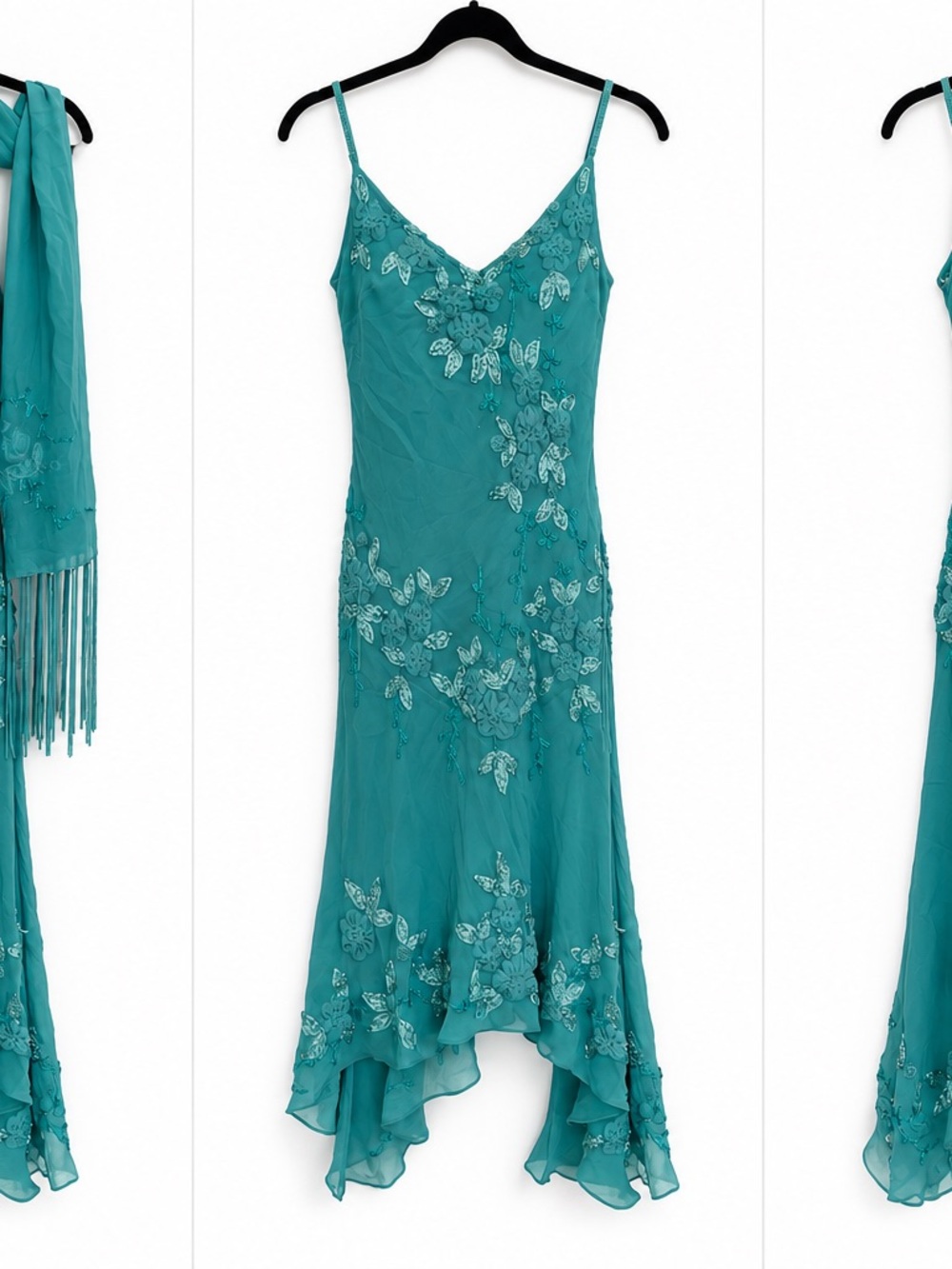 Sue Wong Nocturne Teal Silk Beaded Embroidered Y2K Dress with Fringe Shawl